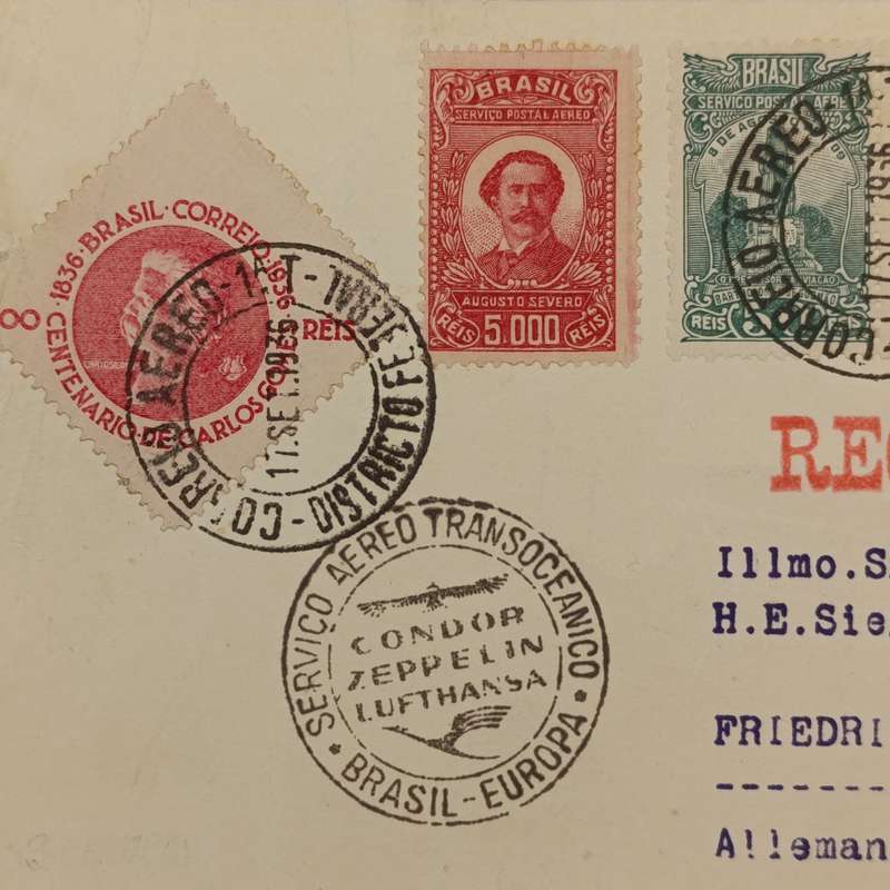 Registered airmail Condor Zeppelin flown card Brazil to Europe 5x Brazil stamps cancelled