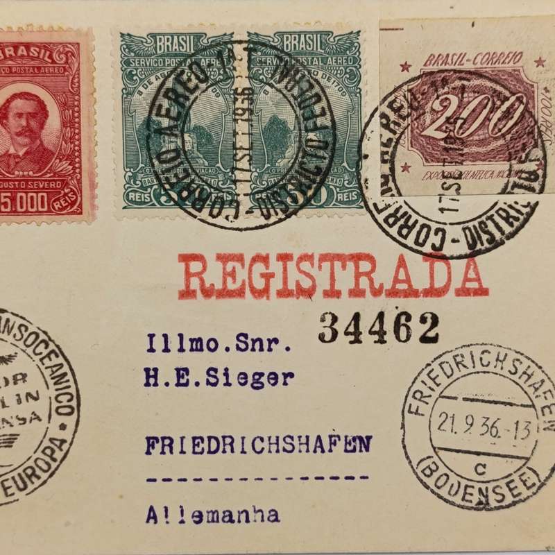 Registered airmail Condor Zeppelin flown card Brazil to Europe 5x Brazil stamps cancelled