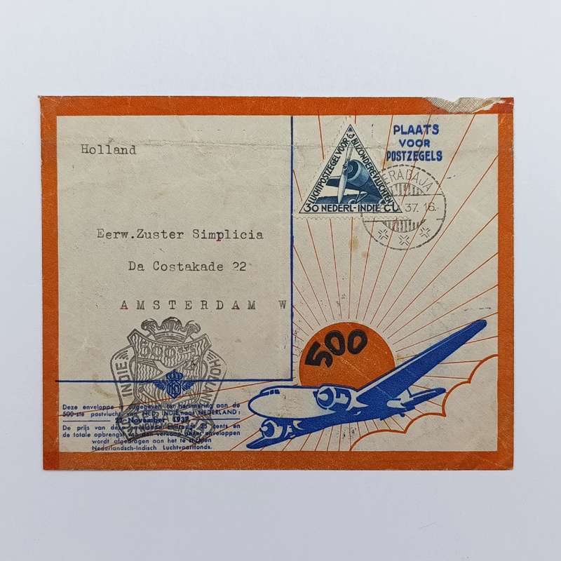 Airmail cover Dutch Indies to Amsterdam Holland 1937 with triangular Dutch Indies 30 ct stamp