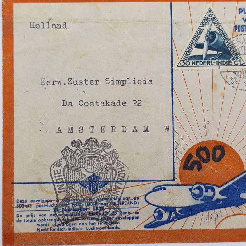 Airmail cover Dutch Indies to Amsterdam Holland 1937 with triangular Dutch Indies 30 ct stamp