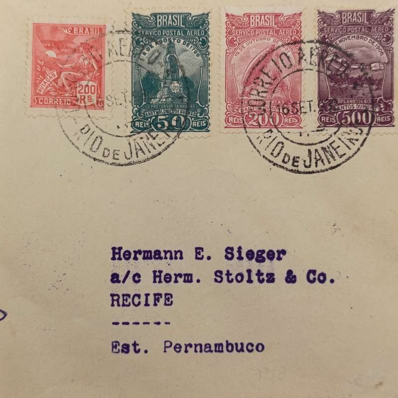 Cover flown from R10 de Janeiro to Recite, Brazil 16 Sept 1932 cancellation