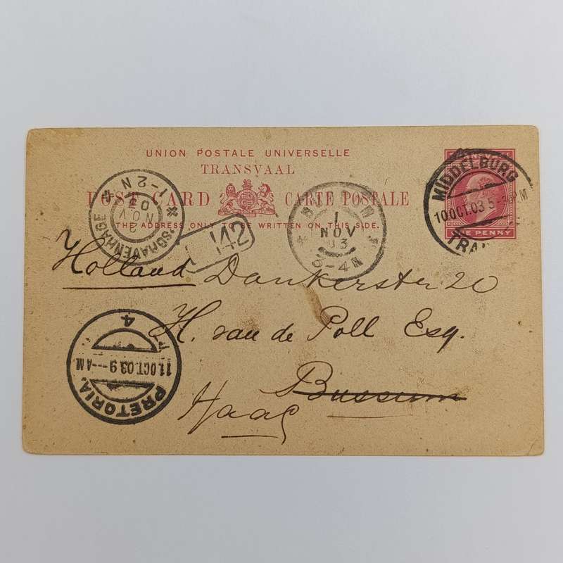 Transvaal one Penny postcard from Middelburg South Africa to Buesum Holland 10 October 1903