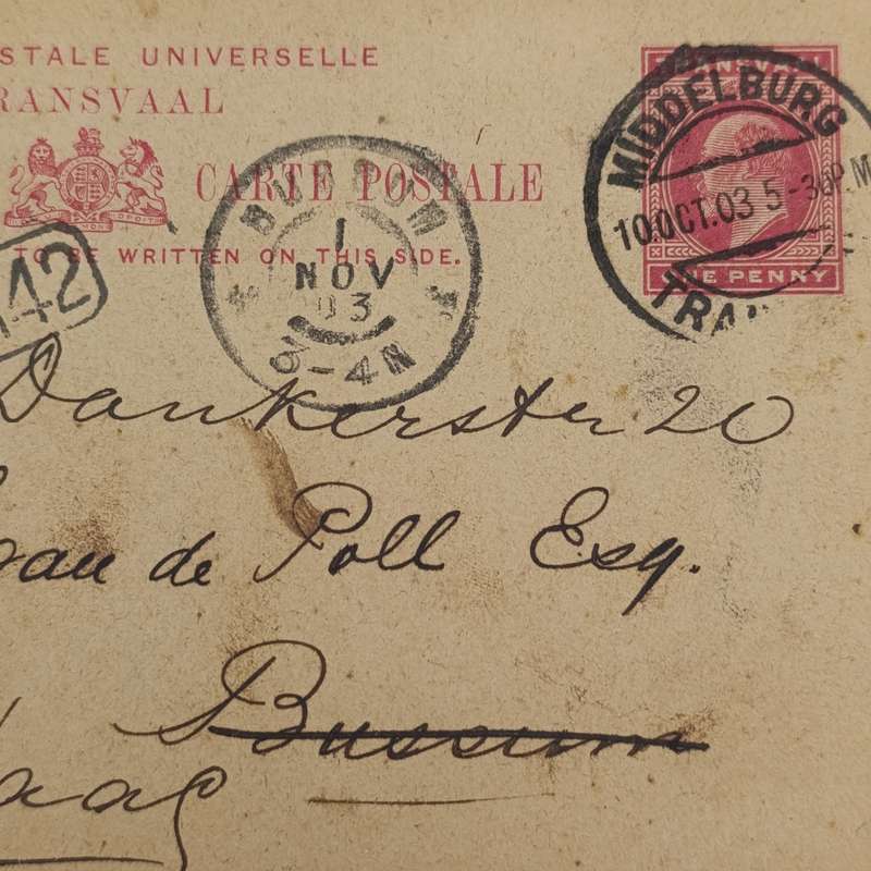 Transvaal one Penny postcard from Middelburg South Africa to Buesum Holland 10 October 1903