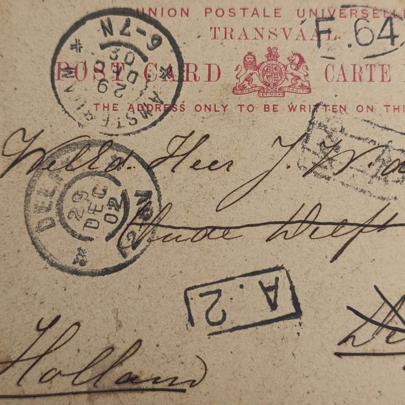 Transvaal Postcard from Johannesburg South Africa to Delft Holland redirected to Amsterdam Holland