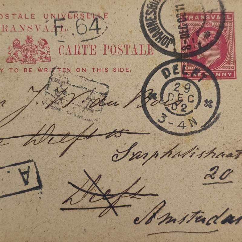 Transvaal Postcard from Johannesburg South Africa to Delft Holland redirected to Amsterdam Holland
