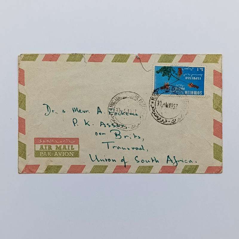 Airmail letter from Mogadisho, Somalia to Assen, Transvaal dated 30 April 1957