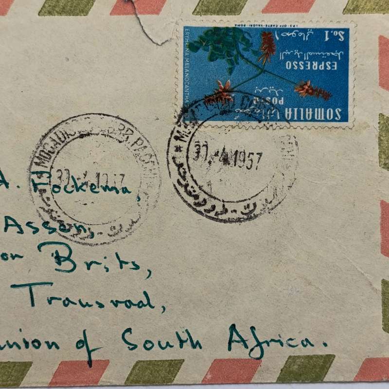 Airmail letter from Mogadisho, Somalia to Assen, Transvaal dated 30 April 1957