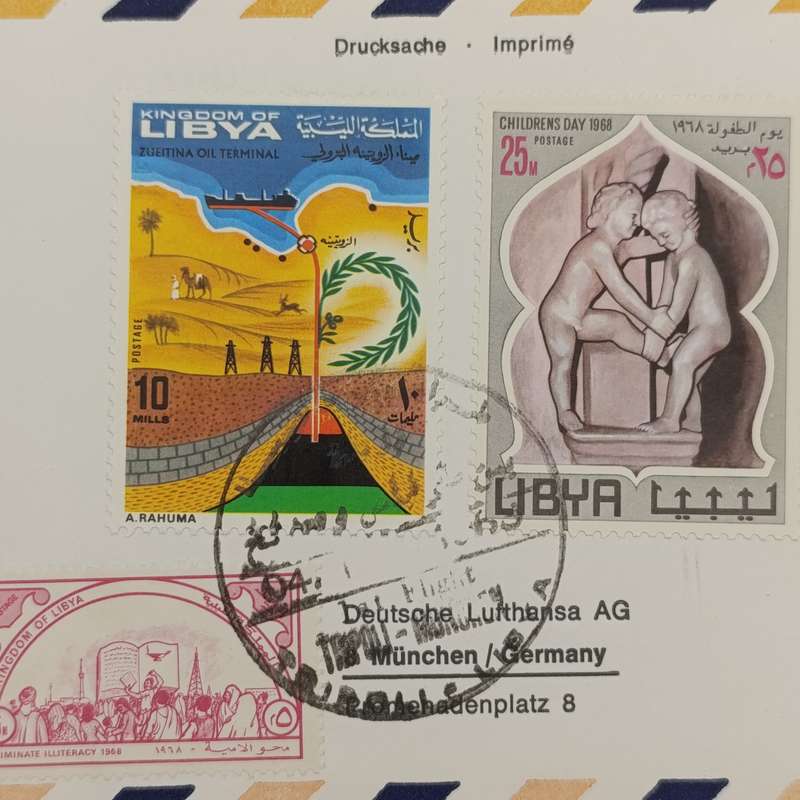 Lufthaiusa Airmail flight cover from Tripoli to munchen with 3 Libya stamps - November 1968