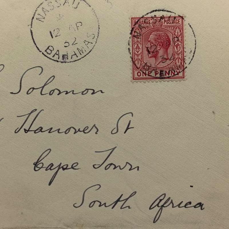 Postal cover from Nassau, Bohamas to Cape Town, South Africa 12 April 1932 with One Penny Bahamas