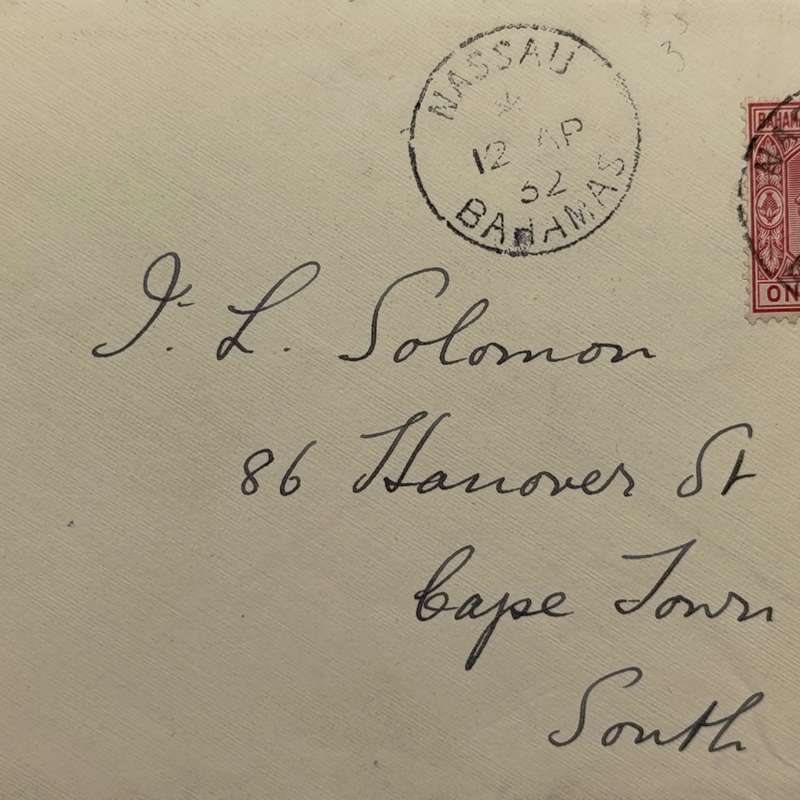 Postal cover from Nassau, Bohamas to Cape Town, South Africa 12 April 1932 with One Penny Bahamas