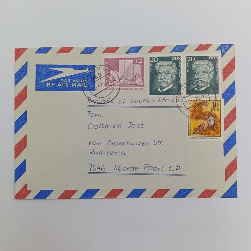 Airmail cover from Schmolln DDR to Paarl, South Africa with 4 DDR stamps cancelled on 11-4-1975
