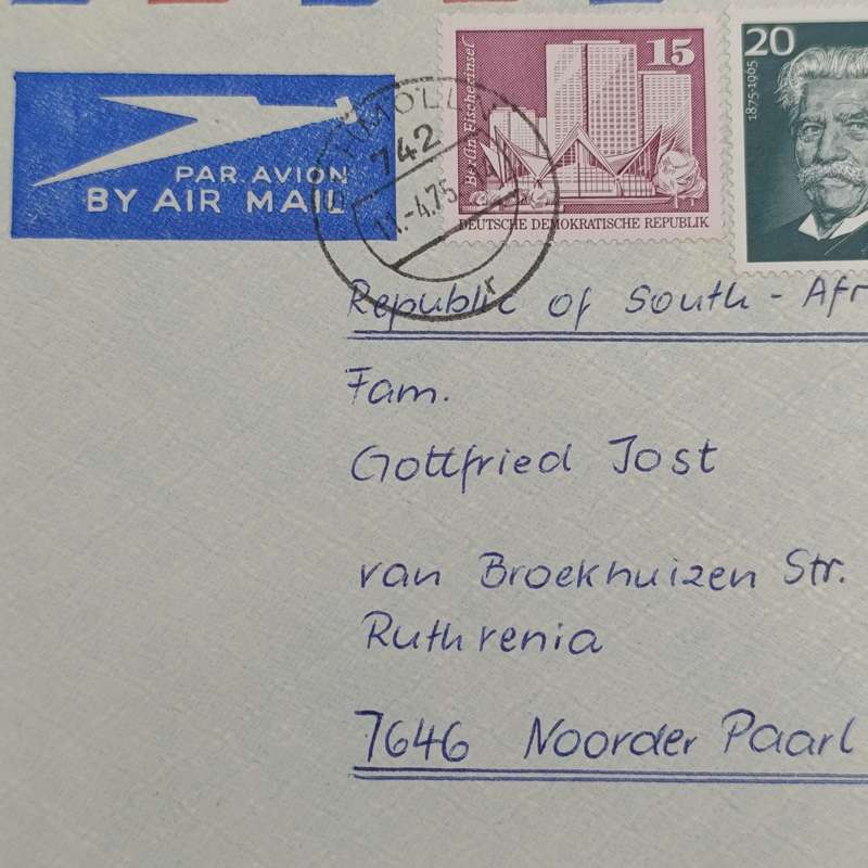 Airmail cover from Schmolln DDR to Paarl, South Africa with 4 DDR stamps cancelled on 11-4-1975