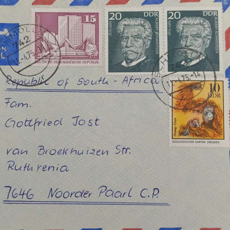 Airmail cover from Schmolln DDR to Paarl, South Africa with 4 DDR stamps cancelled on 11-4-1975