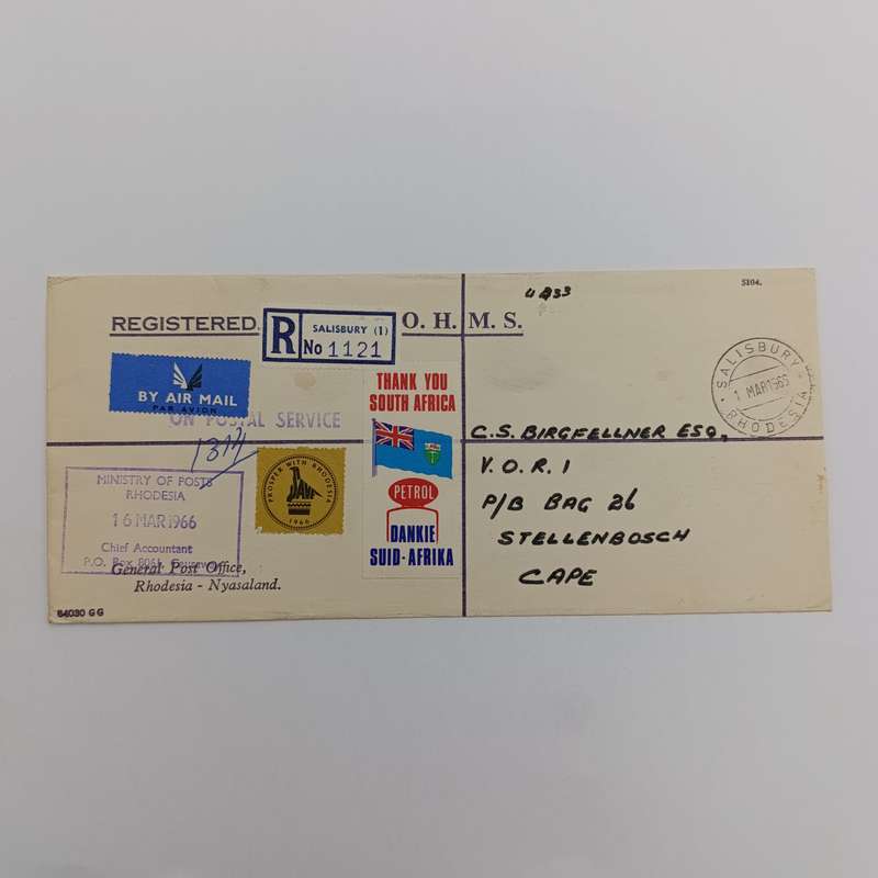 Airmail  Registered cover from Salisbury, Rhodesia to Stellenbosch, South Africa