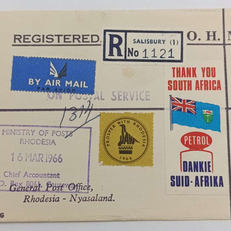 Airmail  Registered cover from Salisbury, Rhodesia to Stellenbosch, South Africa