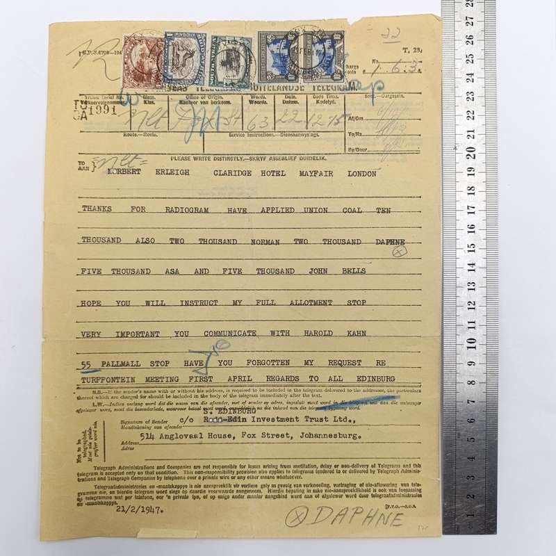 Telegram dated 1947 with 5 South African stamps - A Personal Telegram sent from South Africa to USA