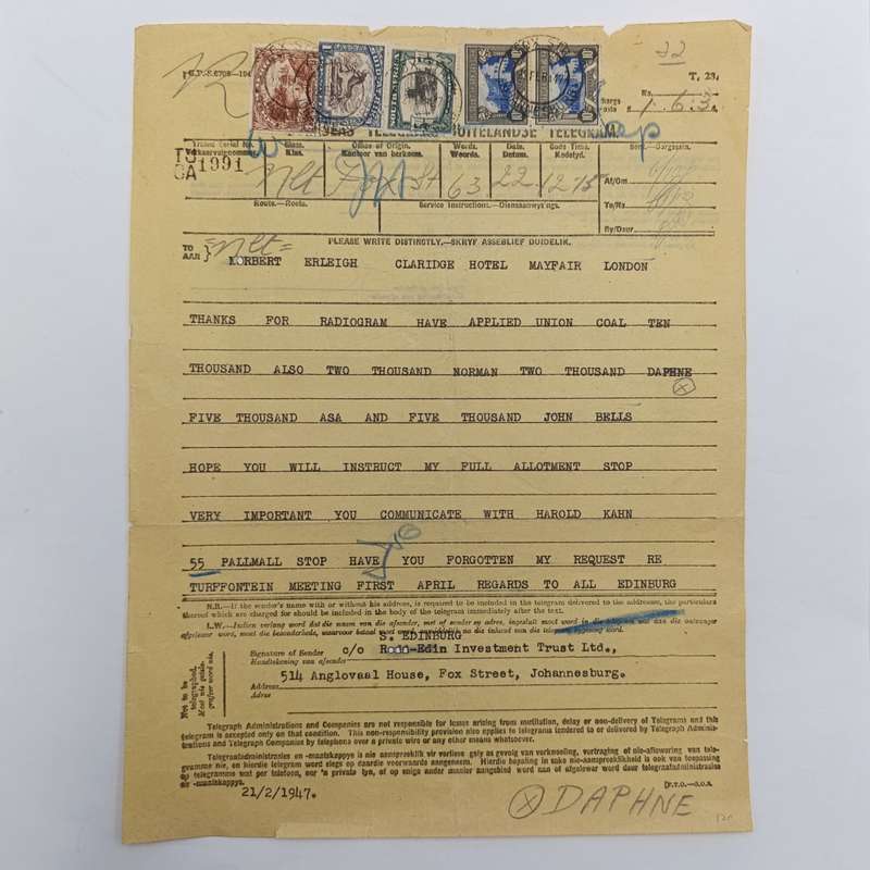 Telegram dated 1947 with 5 South African stamps - A Personal Telegram sent from South Africa to USA
