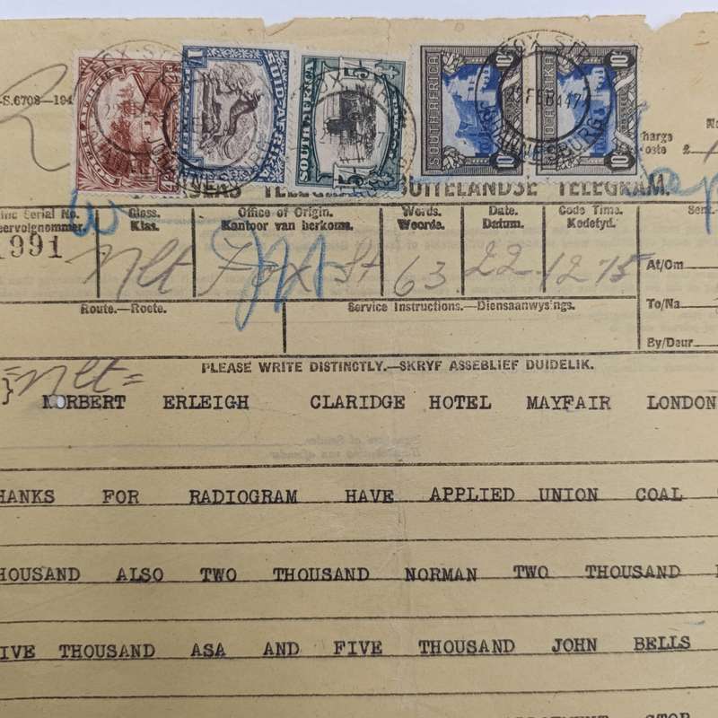 Telegram dated 1947 with 5 South African stamps - A Personal Telegram sent from South Africa to USA