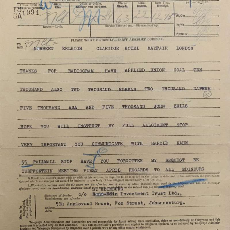 Telegram dated 1947 with 5 South African stamps - A Personal Telegram sent from South Africa to USA