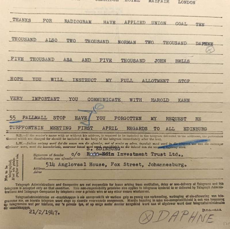 Telegram dated 1947 with 5 South African stamps - A Personal Telegram sent from South Africa to USA