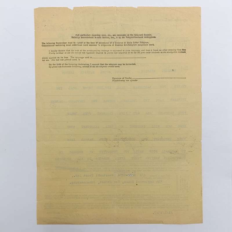 Telegram dated 1947 with 5 South African stamps - A Personal Telegram sent from South Africa to USA