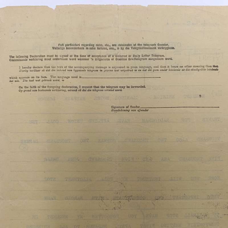 Telegram dated 1947 with 5 South African stamps - A Personal Telegram sent from South Africa to USA