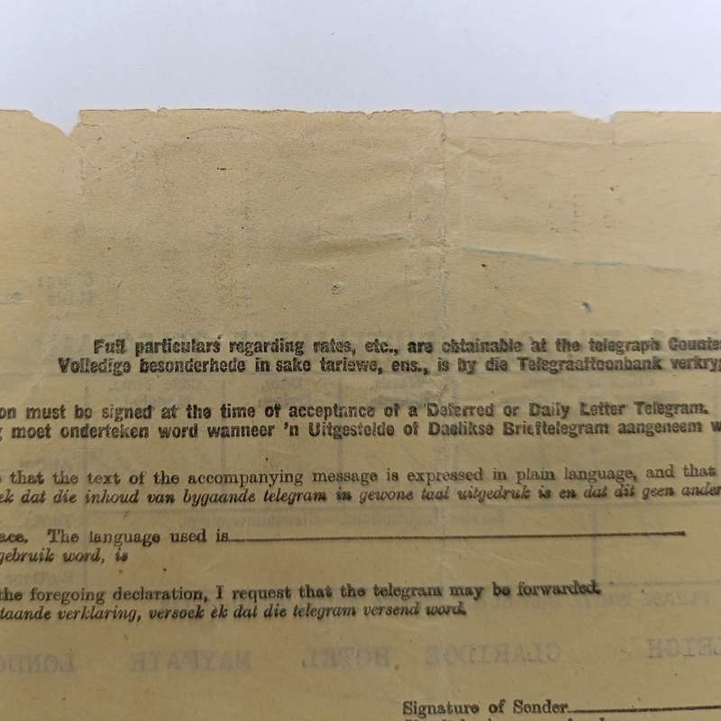 Telegram dated 1947 with 5 South African stamps - A Personal Telegram sent from South Africa to USA