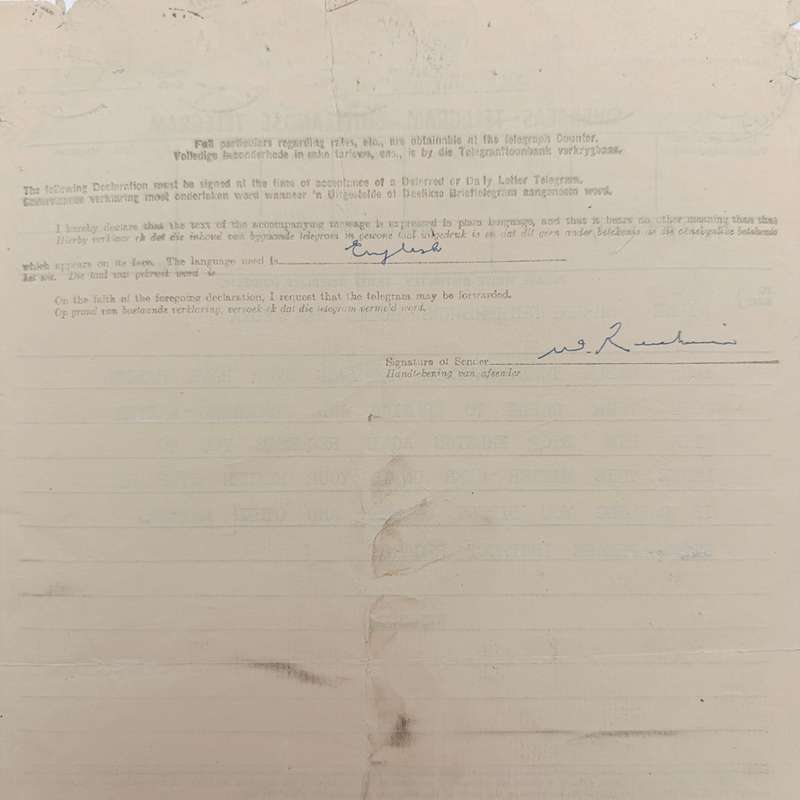 Telegram dated 1947 with 7 South African stamps - a personal Telegram sent from South Africa to USA