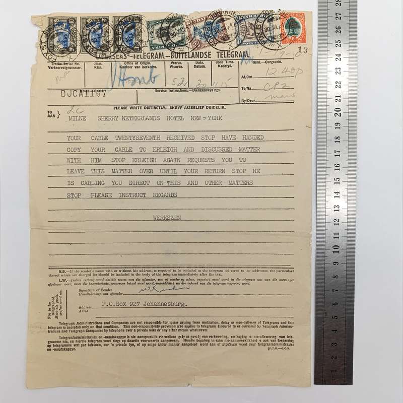 Telegram dated 1947 with 7 South African stamps - a personal Telegram sent from South Africa to USA