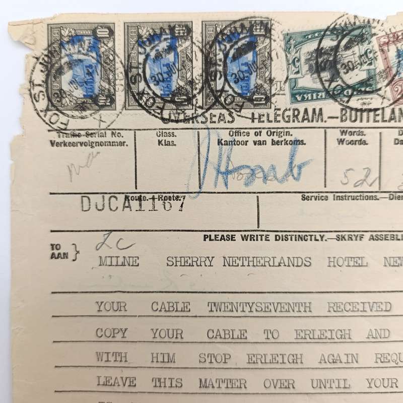 Telegram dated 1947 with 7 South African stamps - a personal Telegram sent from South Africa to USA