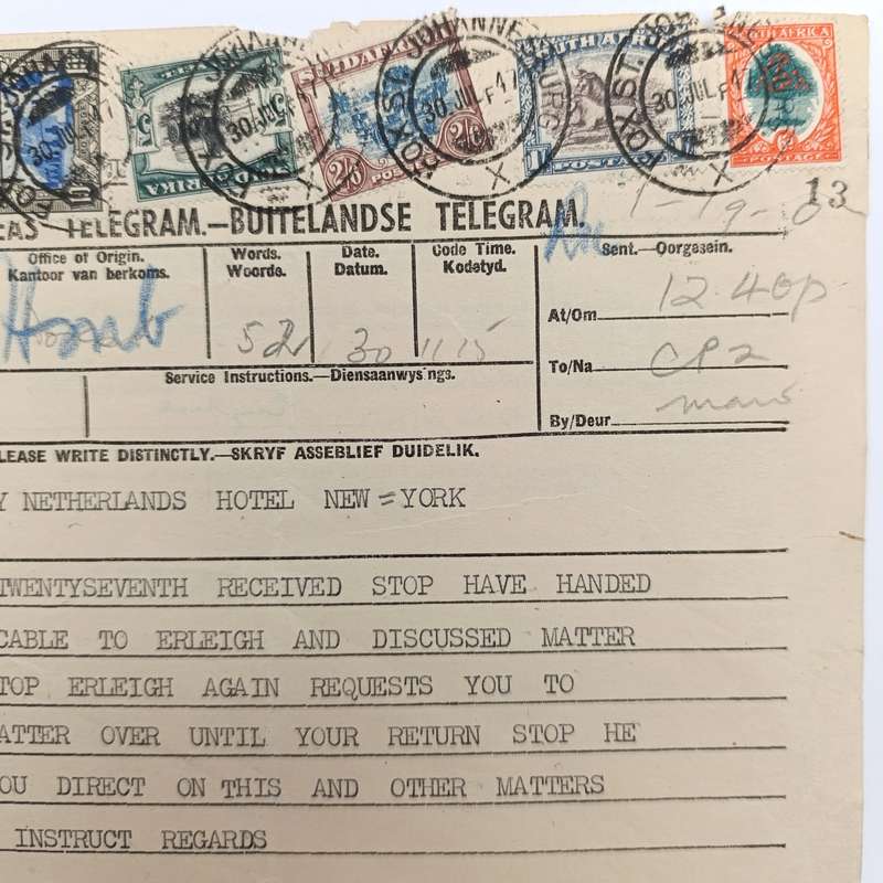 Telegram dated 1947 with 7 South African stamps - a personal Telegram sent from South Africa to USA