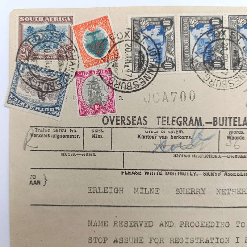 Telegram dated 1947 with 9 South African stamps - Personal Telegram sent from South Africa to USA
