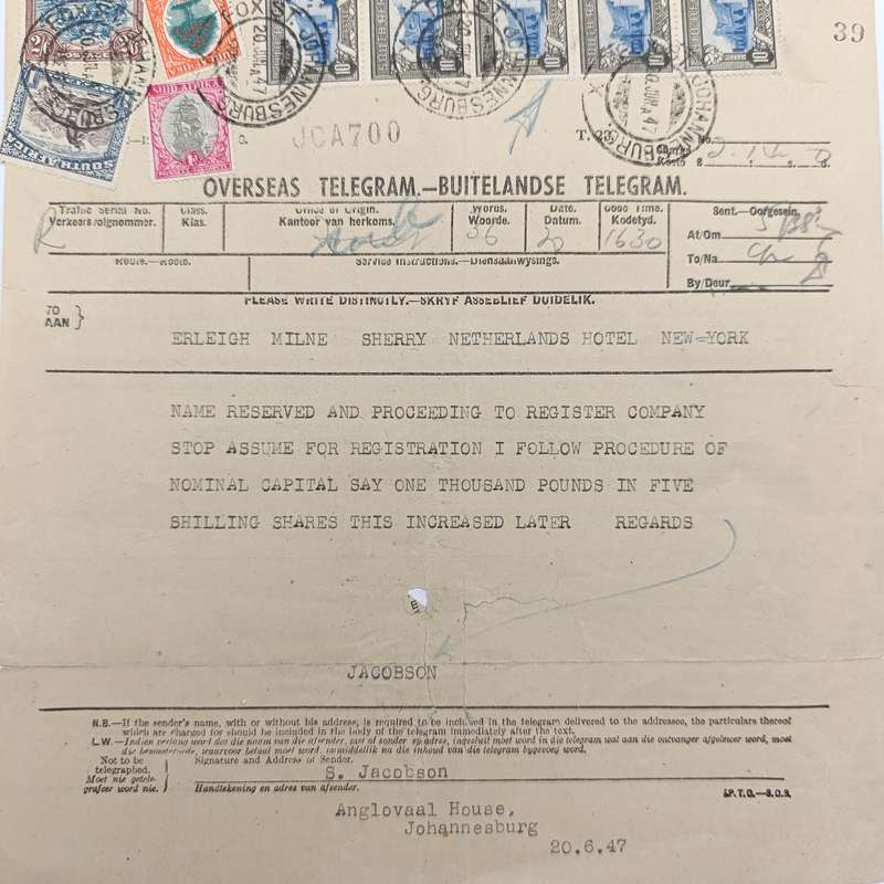 Telegram dated 1947 with 9 South African stamps - Personal Telegram sent from South Africa to USA
