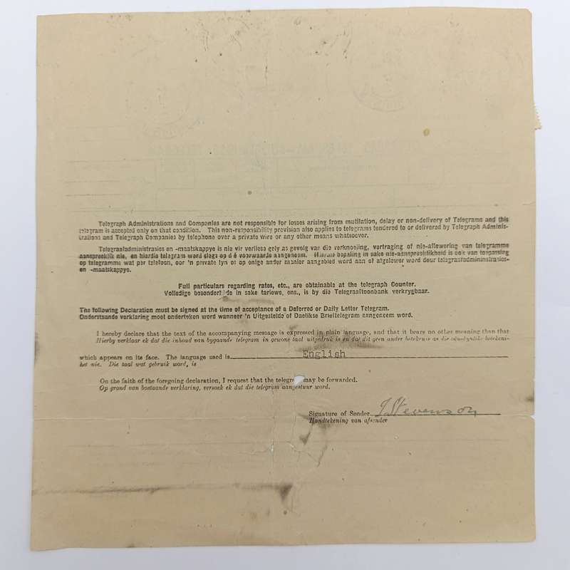 Telegram dated 1947 with 9 South African stamps - Personal Telegram sent from South Africa to USA