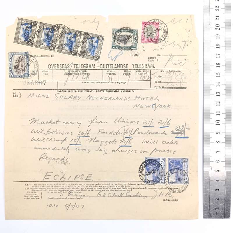 Telegram dated 1947 with 9 South African stamps - A stock report sent from South Africa to USA
