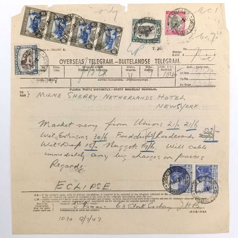 Telegram dated 1947 with 9 South African stamps - A stock report sent from South Africa to USA