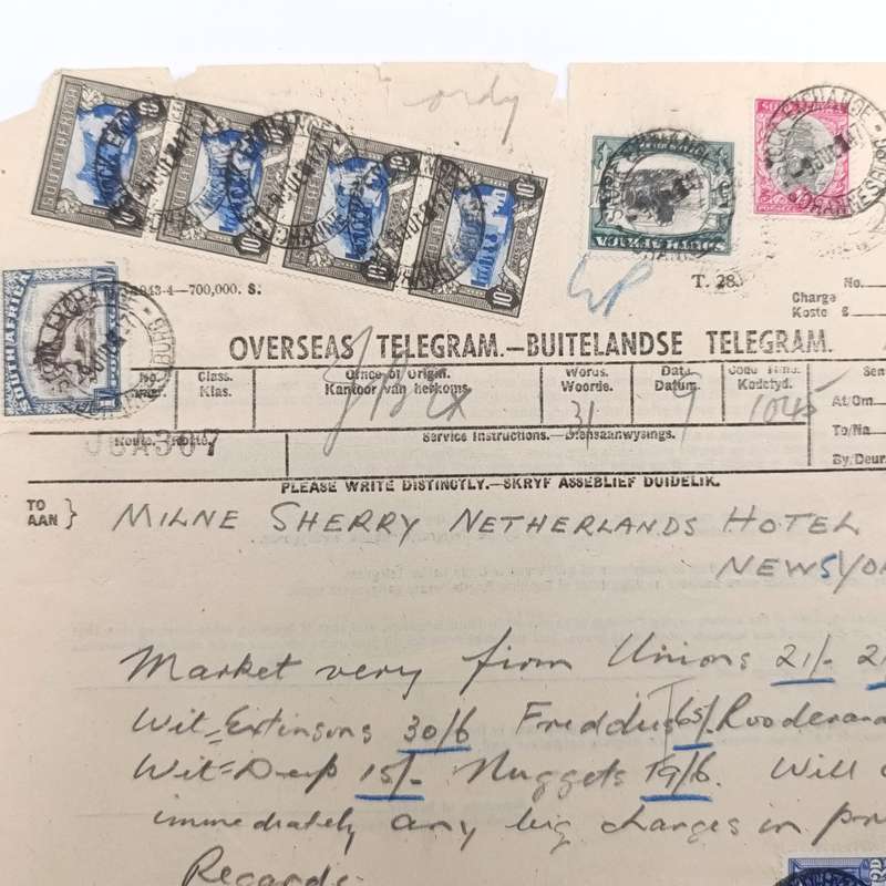 Telegram dated 1947 with 9 South African stamps - A stock report sent from South Africa to USA