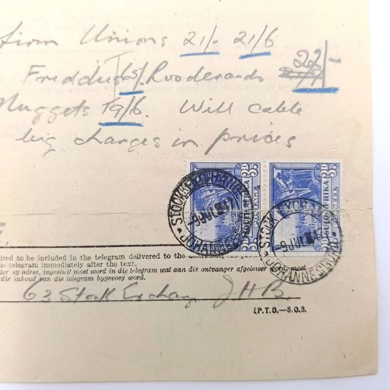 Telegram dated 1947 with 9 South African stamps - A stock report sent from South Africa to USA