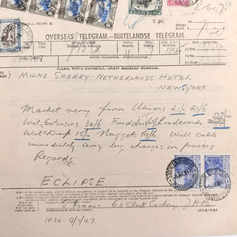 Telegram dated 1947 with 9 South African stamps - A stock report sent from South Africa to USA