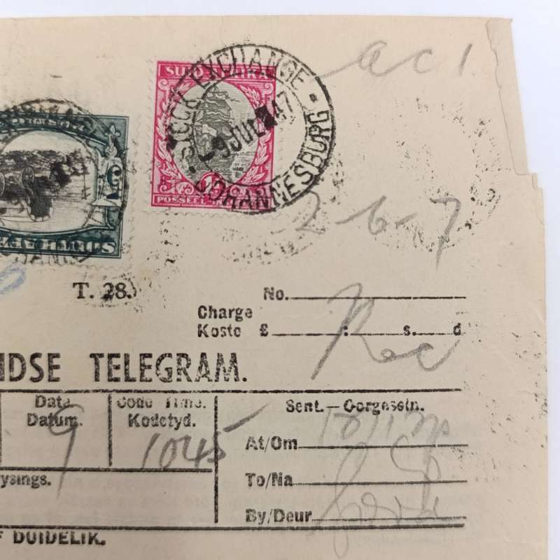 Telegram dated 1947 with 9 South African stamps - A stock report sent from South Africa to USA