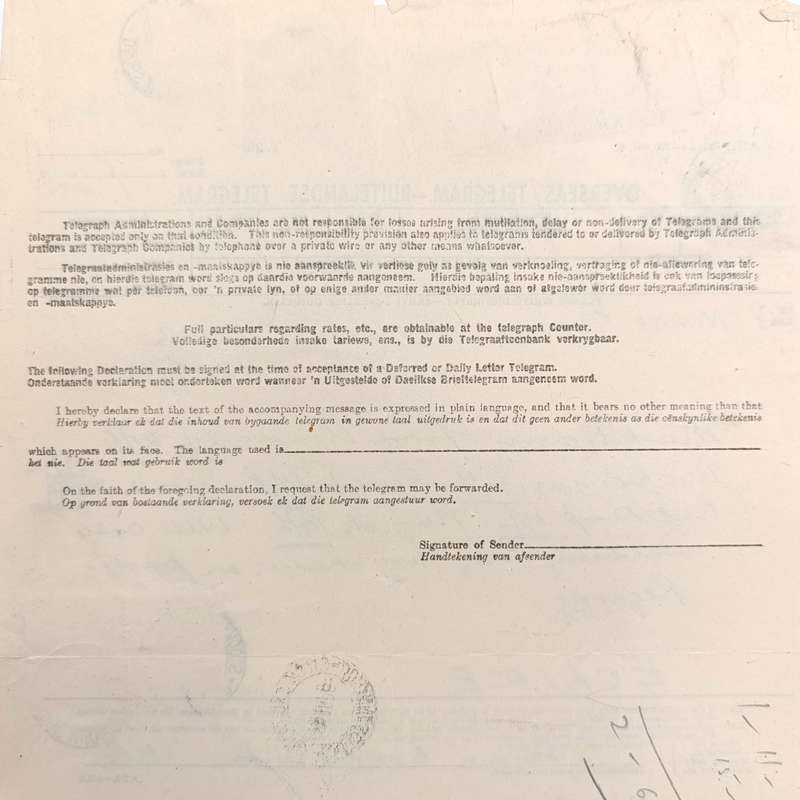 Telegram dated 1947 with 9 South African stamps - A stock report sent from South Africa to USA
