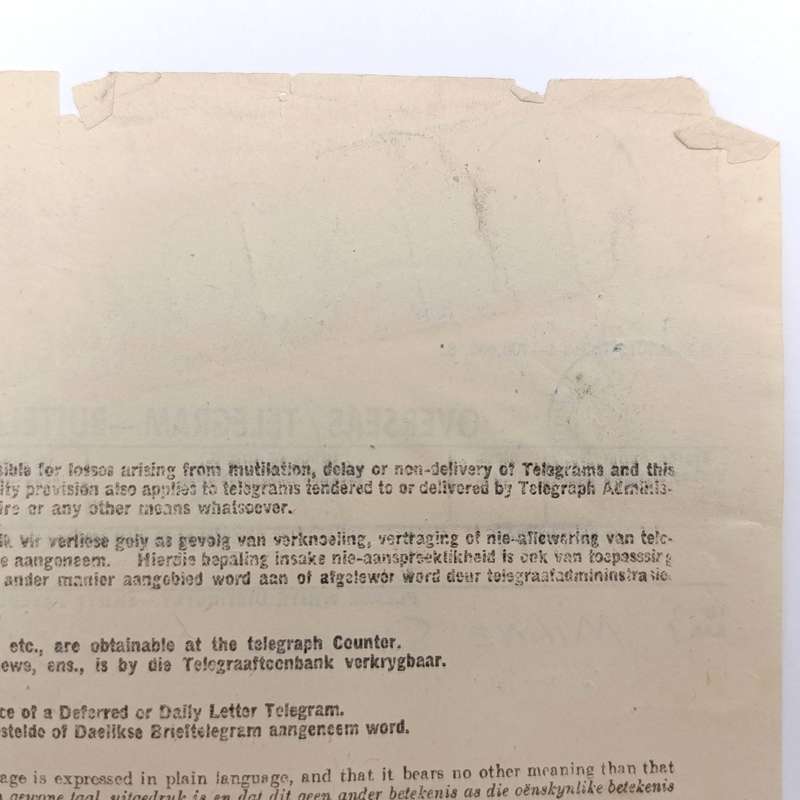 Telegram dated 1947 with 9 South African stamps - A stock report sent from South Africa to USA