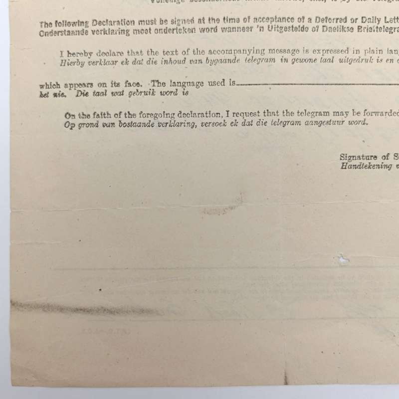 Telegram dated 1947 with 7 South African stamps - A stock report from South Africa to USA