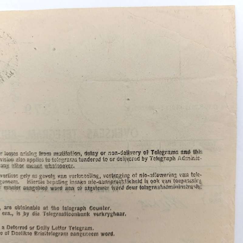 Telegram dated 1947 with 7 South African stamps - A stock report from South Africa to USA