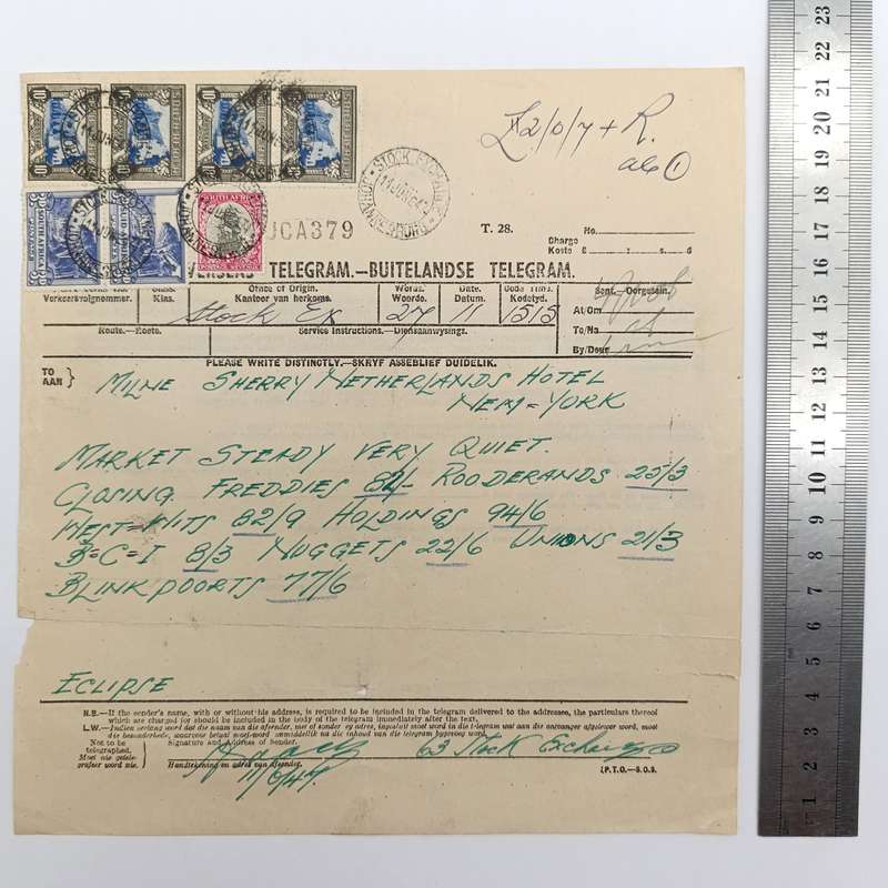 Telegram dated 1947 with 7 South African stamps - A stock report from South Africa to USA