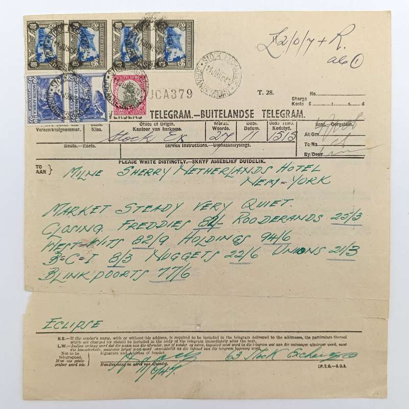 Telegram dated 1947 with 7 South African stamps - A stock report from South Africa to USA