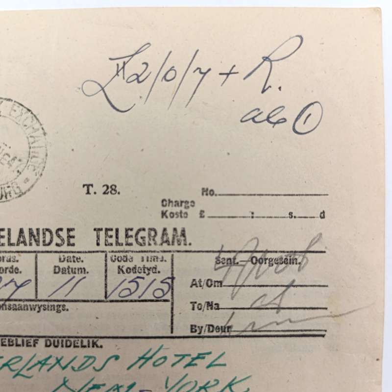 Telegram dated 1947 with 7 South African stamps - A stock report from South Africa to USA