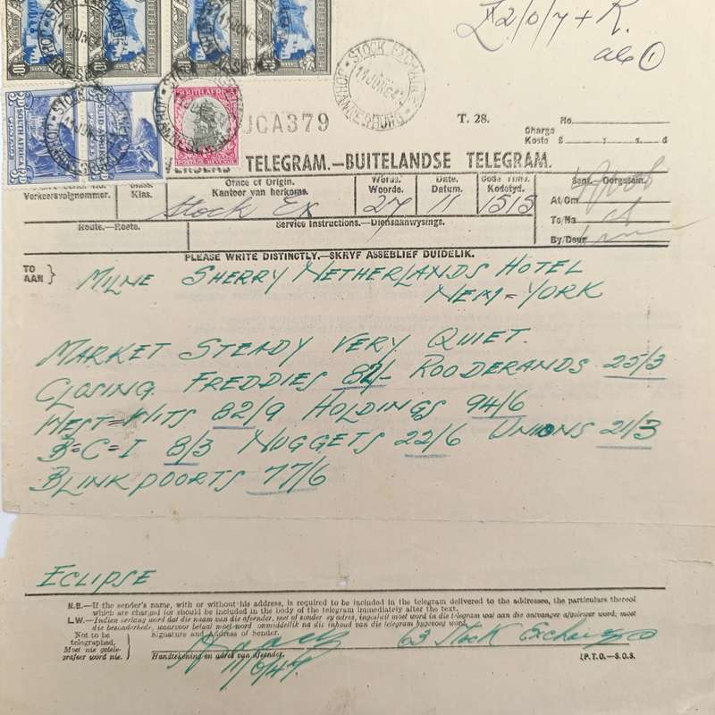 Telegram dated 1947 with 7 South African stamps - A stock report from South Africa to USA