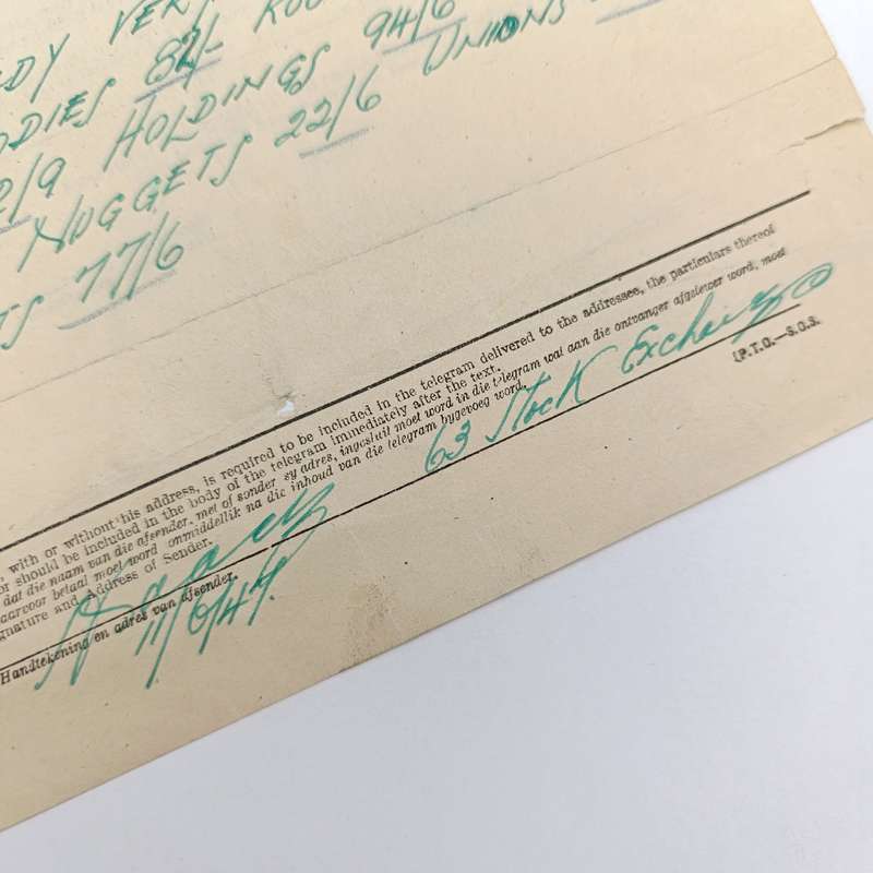 Telegram dated 1947 with 7 South African stamps - A stock report from South Africa to USA