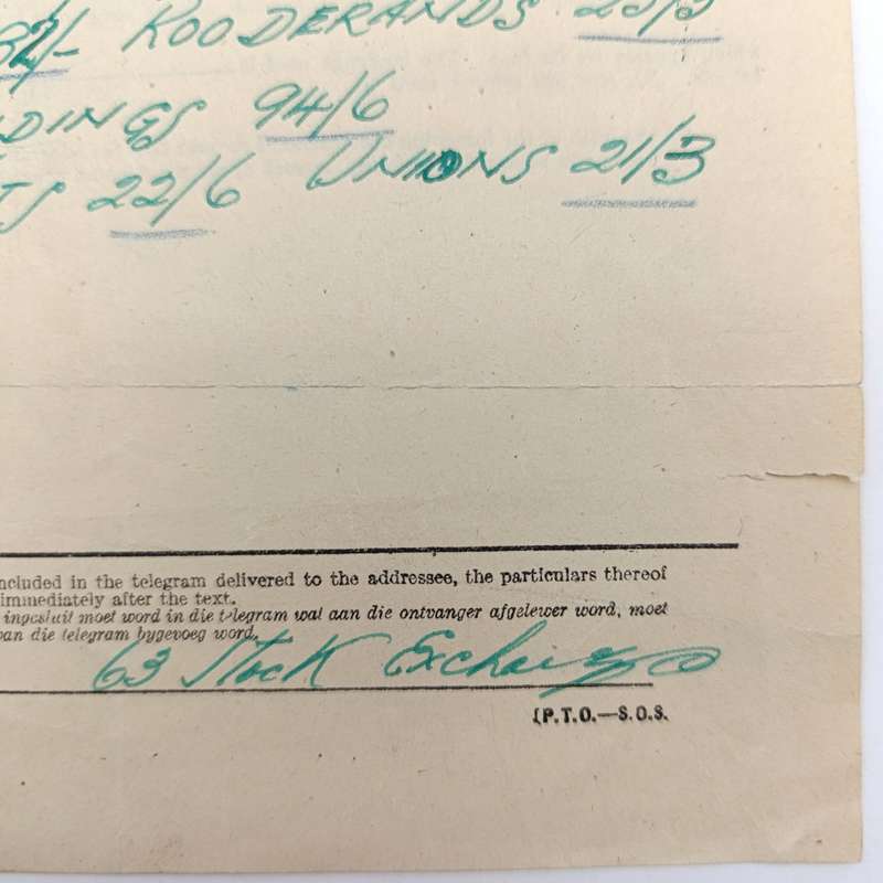 Telegram dated 1947 with 7 South African stamps - A stock report from South Africa to USA